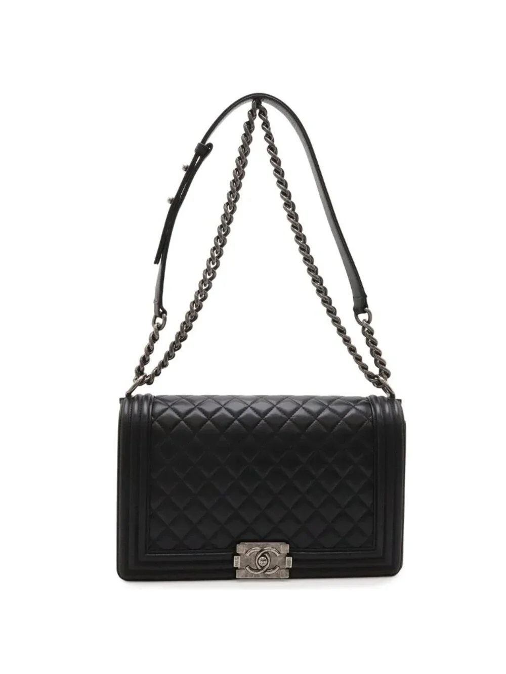 Chanel Boy Quilted CC Logo Chain Shoulder Bag Lambskin Leather Black